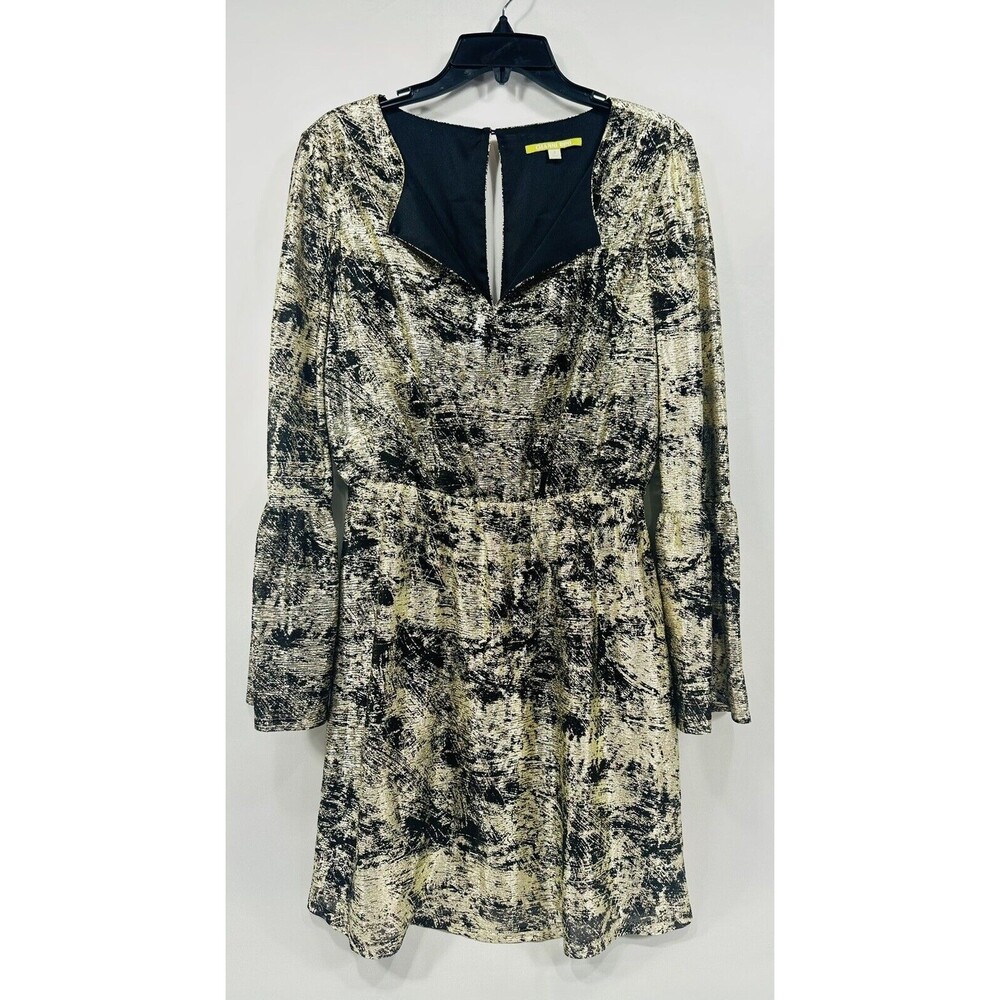 Gianni Bini Women's Sz‎ S Gold Black Dress V-neck Bell Sleeves Glam Metallic